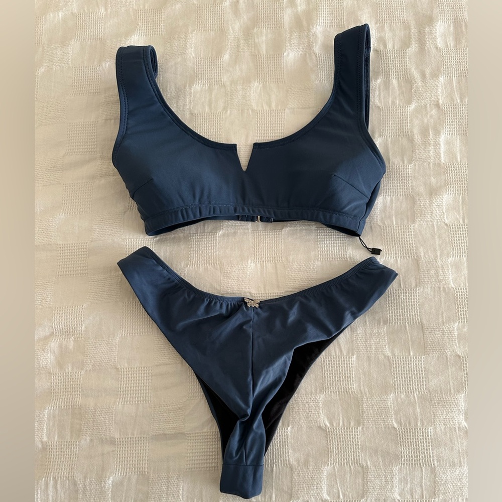 Scoop V-Notch Navy Bikini Top and High-Cut Bottoms